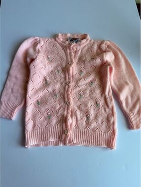 Vintage Y2K Pride & Joy Pink Pointelle Knit Floral Cardigan Sweater 2T/3T